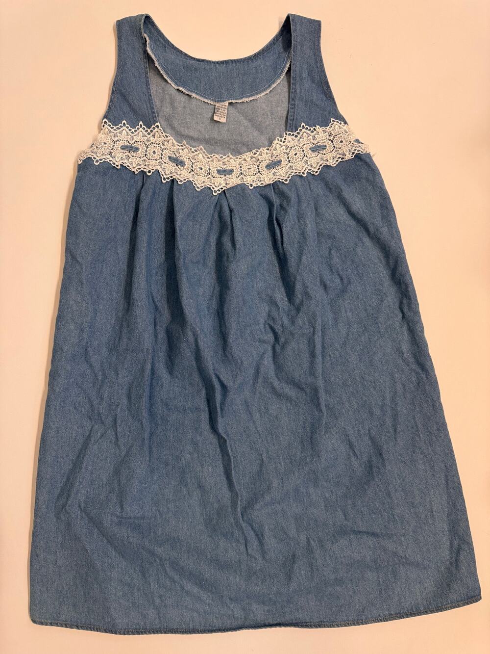 Vintage 90s Women's Denim Sleeveless Tie Back Dress Size S Lace Trim 100% Cotton